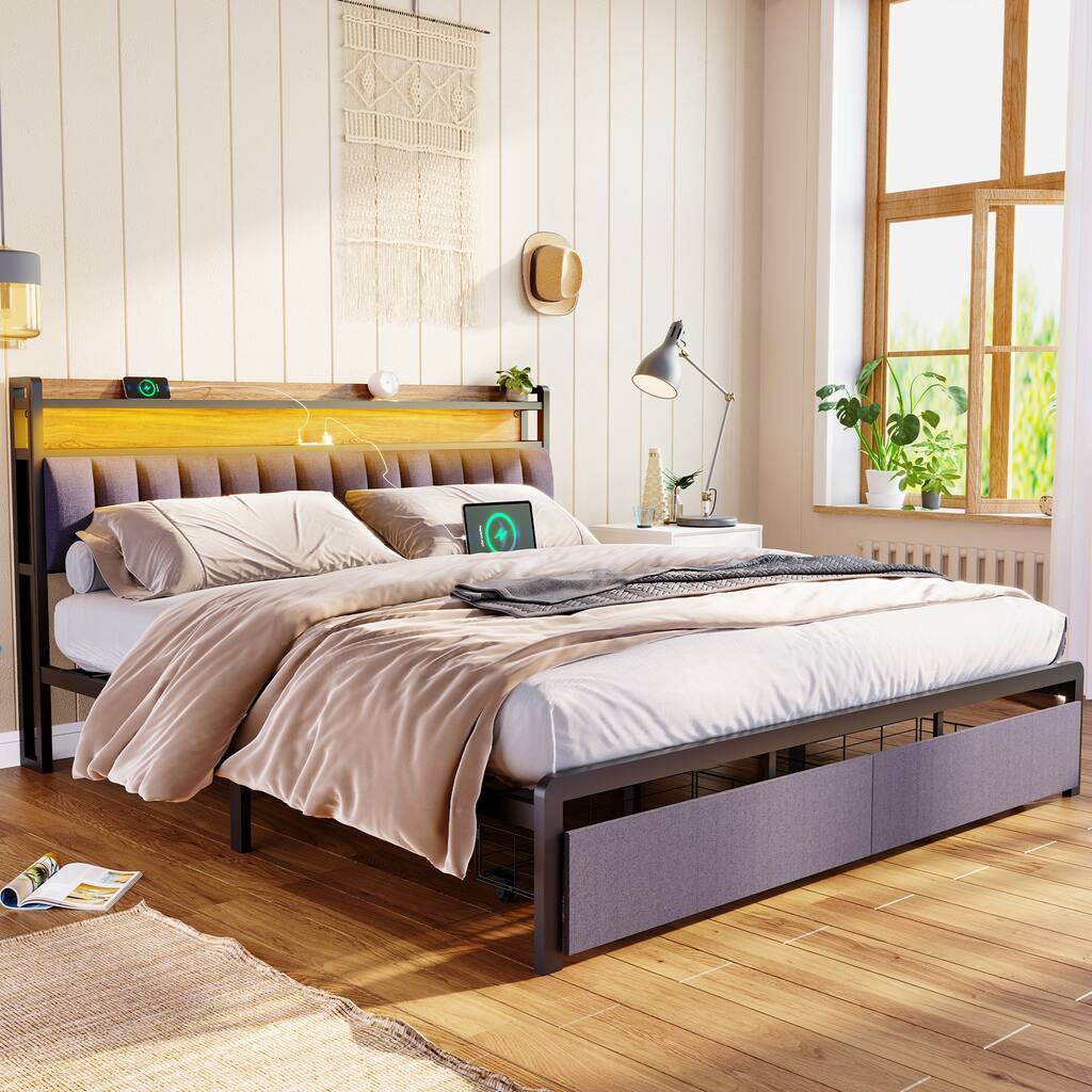 King Bed Frames with Storage Headboard and Drawers, LED Upholstered Bed Frame with Charging Station, No Box Spring Needed