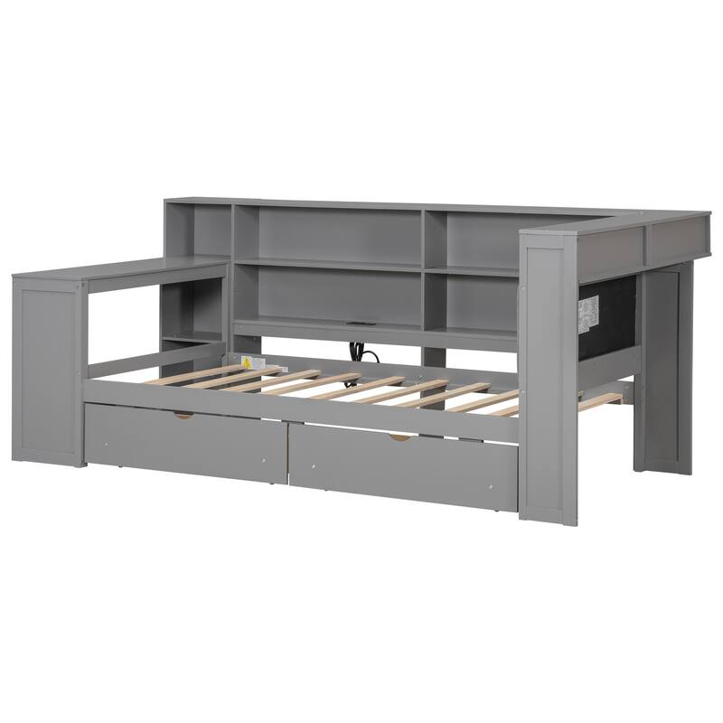 Roomfitters Wood Twin Platform Bed with Storage Shelves, Desk, Drawers and Charging Station, Upholstered Headboard, Grey