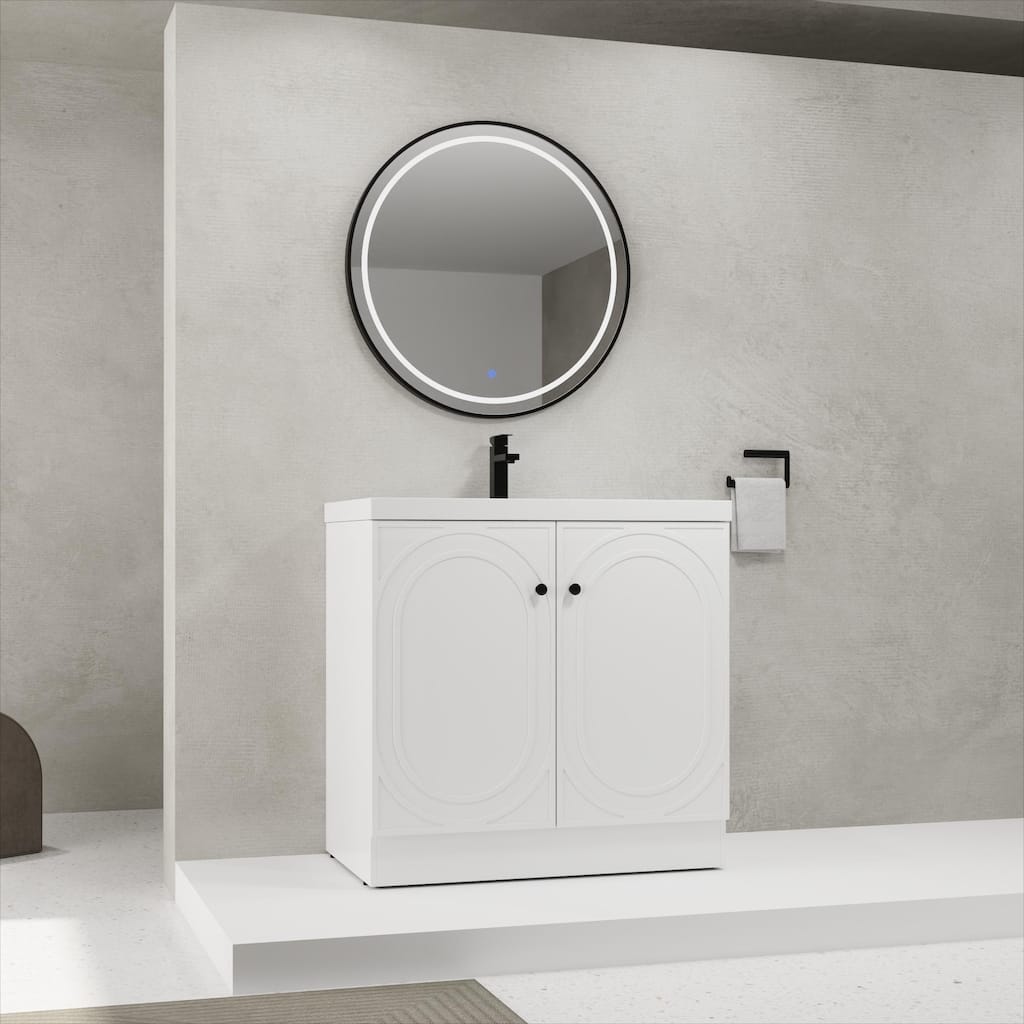 36" Freestanding Bathroom Vanity with White Resin Sink, Soft-Close Doors, Adjustable Shelf & 3 Metal Handles