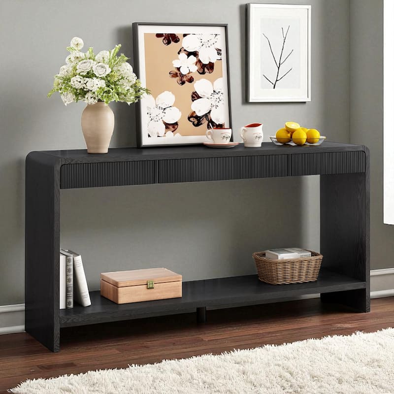 Modern 3-Drawer Console Table with Vertical Slat Design, Rounded Edge Entryway Storage Table with Shelf