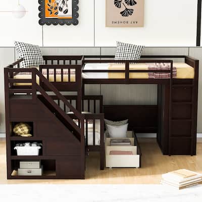 L-Shaped Triple Bunk Beds with Desk & Stairs, Twin & Twin Over Full Wood Bunk Bed Frame with Storage Drawers & Wardrobe Included