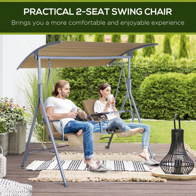 Steel 2-Person Porch Swing with Stand and Canopy - Outdoor Patio Swing with Storage Table and Cup Holders