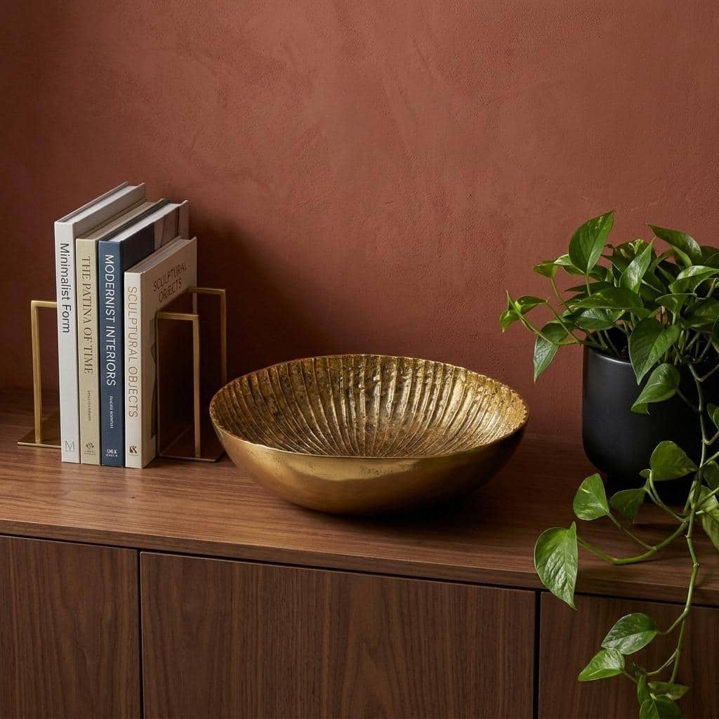 HomeRoots 16" Antiqued Gold Aluminum Round Centerpiece Bowl - 16.25 in. x 4.75 in. x 16.25 in.