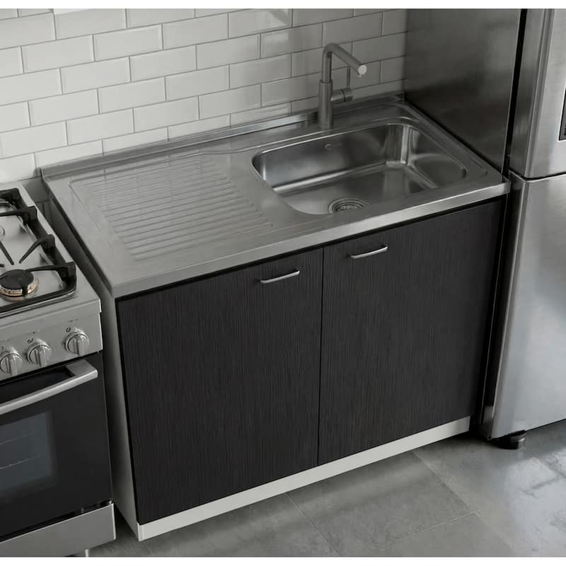 TUHOME Napoles Utility Sink Cabinet with Integrated Steel Sink - White / Black