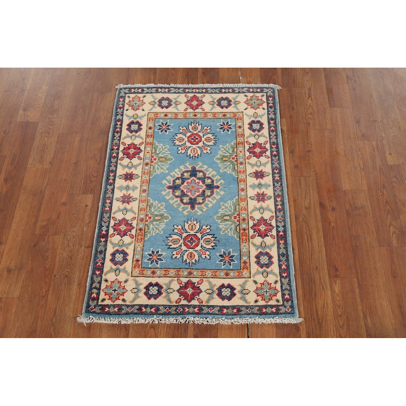 Light Blue Geometric Kazak Accent Rug Hand-Knotted Wool Carpet - 2'1"x 2'10"