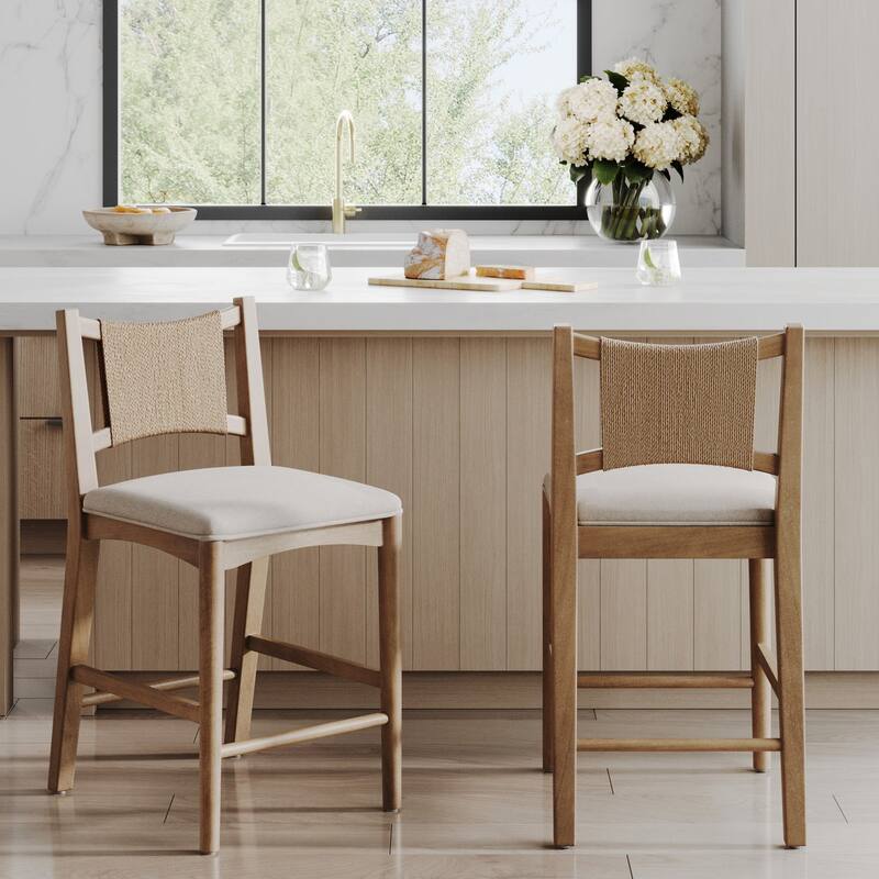 Elodia Boho Counter Height Bar Stool with Woven Seagrass Backrest and Solid Wood Frame - Set of 2