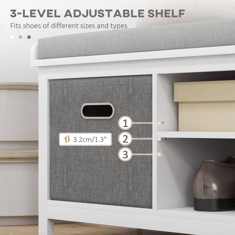 HOMCOM White Shoe Storage Bench with Padded Seat, 2 Drawers and Adjustable Shelf