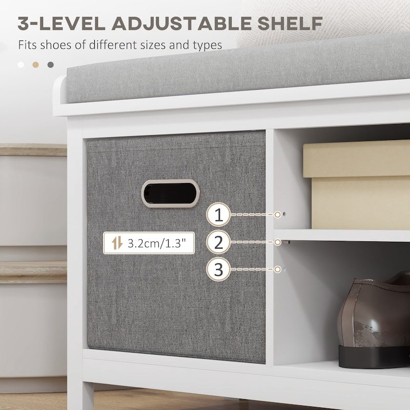 White-Grey Shoe Bench with Linen Cushion and 2 Fabric Drawers 3-Level Adjustable Storage - 41.3" W x 13.8" D x 18.5" H
