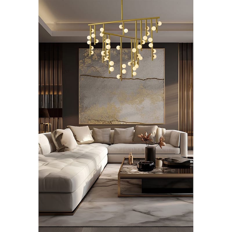 Transitional 44-Light Satin Brass Metal Chandelier With White Glass Ball Shades
