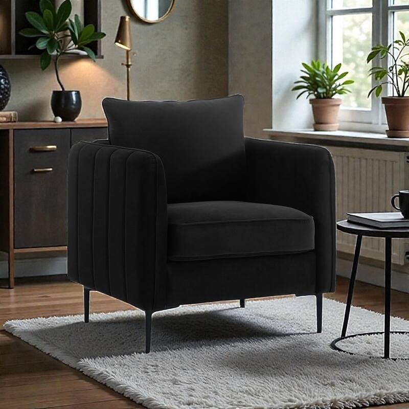 Velvet Accent Chair for Living Room, Mid Century Modern Single Sofa Chair with Pillow and Metal Legs - Black