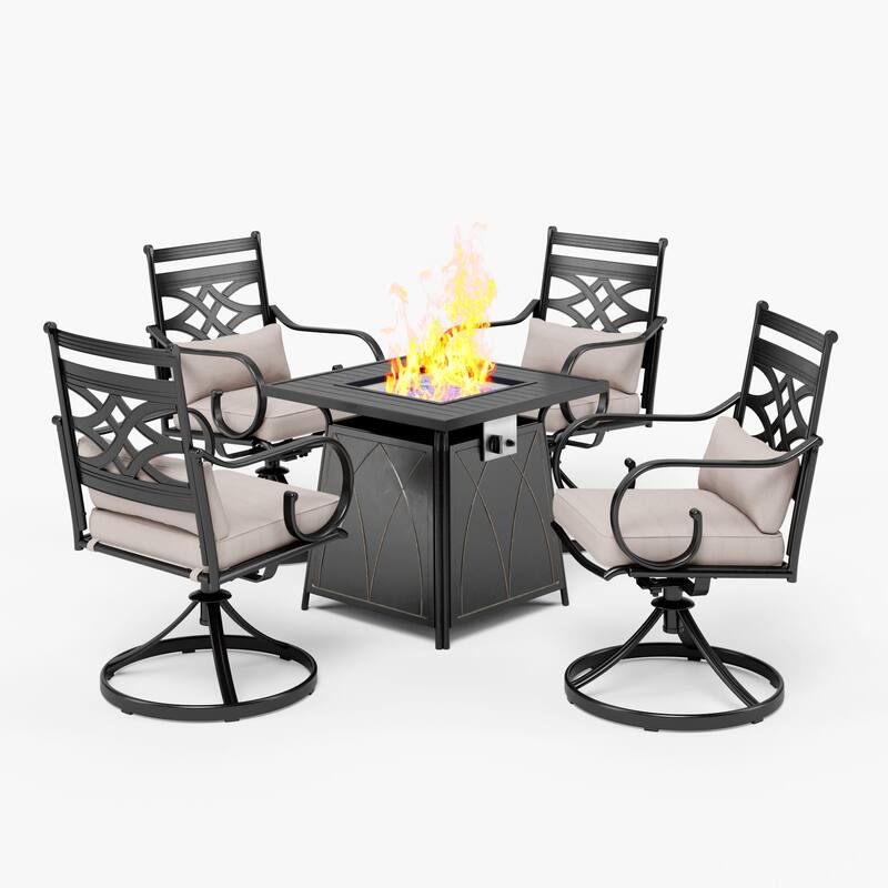 MAISON ARTS 5-Piece Outdoor Dining Set Gas Fire Pit Table & Elegant Cast Iron Pattern Dining Chairs