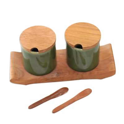 Novica Handmade Green Start Ceramic And Teak Wood Condiment Set (5 Pieces)