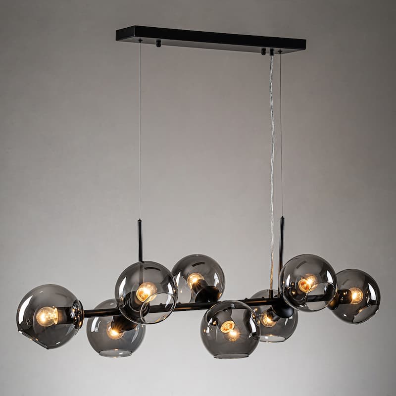 8-Light Modern Linear Glass Kitchen Island Pendant Sputnik Chandelier with Black Smoke Glass Globe