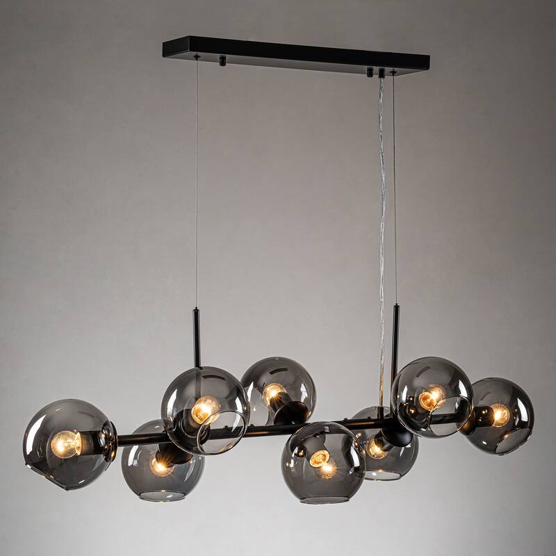 8-Light Modern Linear Sputnik Pendant Island Light Black Smoked Glass Globe Bubble Chandelier for Dining Room