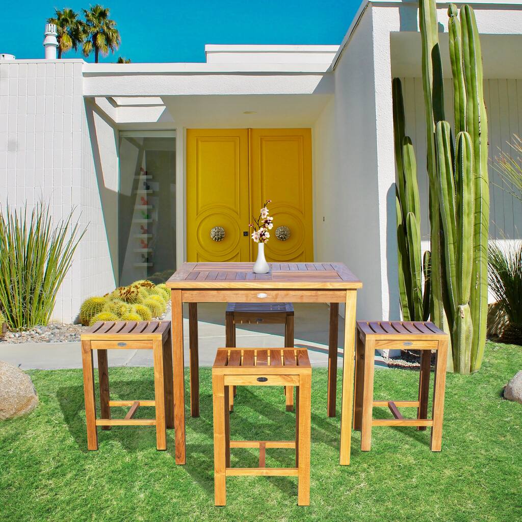 Chic Teak 5 Piece Teak Wood Seville Medium Counter Height Patio Bistro Set, 4 Counters Stools and 35" Square Table