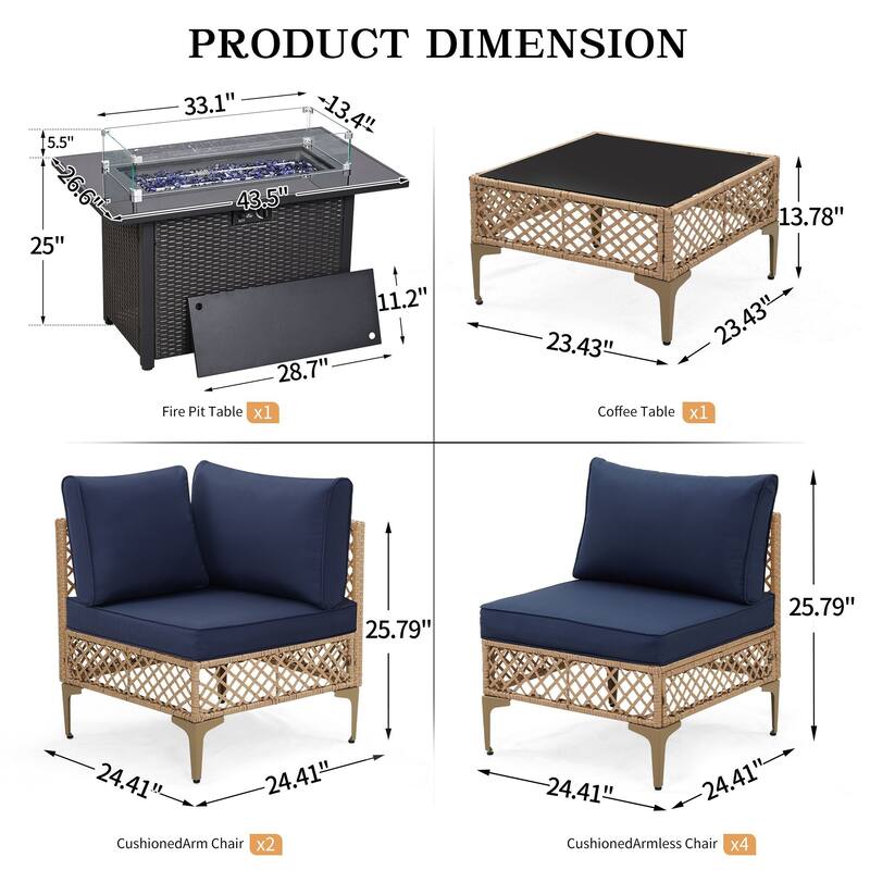 8 Pieces Wicker Outdoor Conversation Set with Fife Pit Table