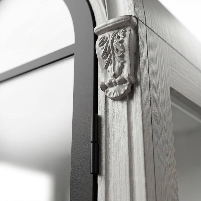 Arched Glass Door Display Cabinet with Iron Frame, Tall Curio Bookcase with Drawers, Farmhouse Storage Cabinet