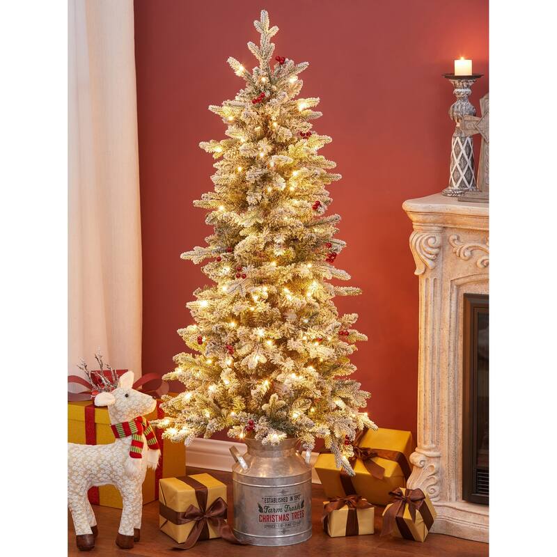 Pre-Lit LED 5ft Snow Flocked Artificial Christmas Tree with Red Berries and Metal Pot - 60" H x 25.5" W x 25.5" D