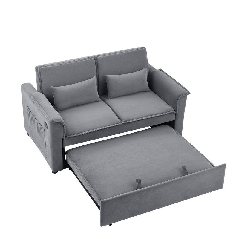 55" Fabric Sofa Bed with Sleeper, Adjustable Backrest & 2 Lumbar Pillows