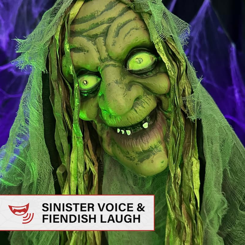 Haunted Hill Farm 5.7-Ft. Life-Size Talking Animatronic Witch with White Eyes