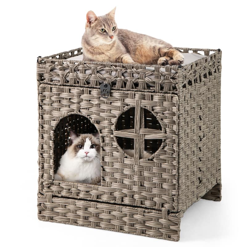 Grey 2-Tier Rattan Cat Condo with Washroom Detachable Cushions and Stylish Side Table Furniture - 21" x 17" x 22.5"
