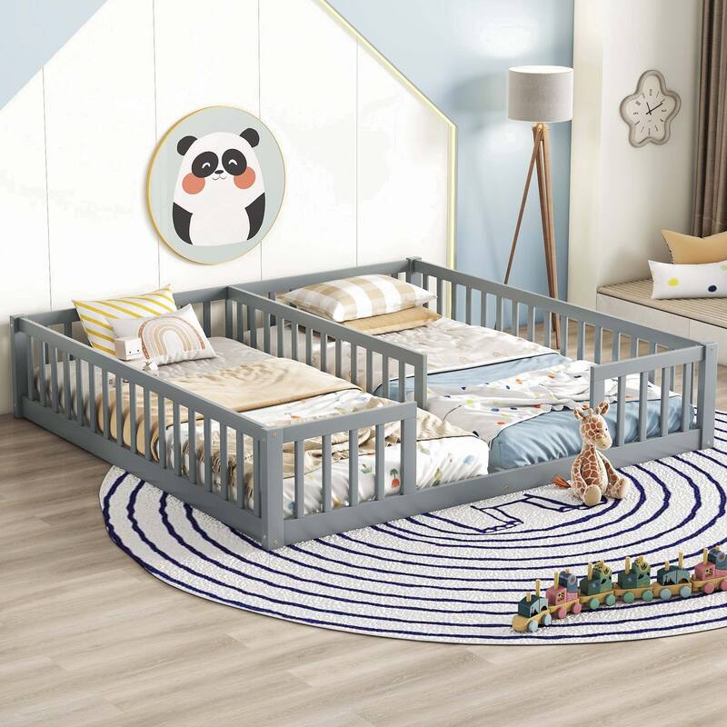 Double Twin Floor Bed with Fence and Guardrails, without door