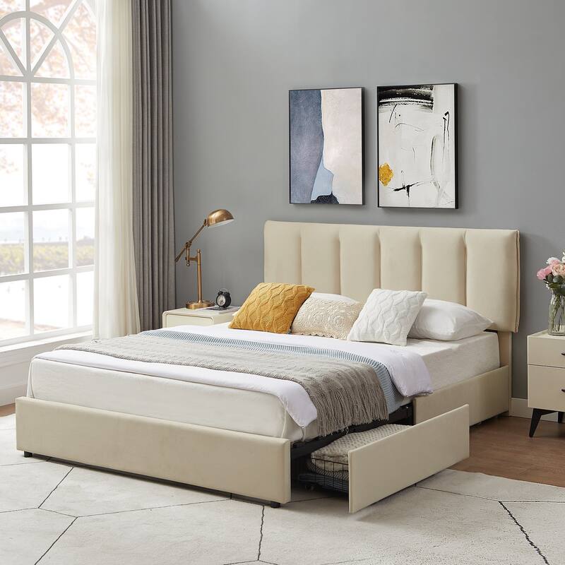 VECELO Bed Frame with 4 Storage Drawers, Upholstered Platform Bed Frame with Adjustable Headboard