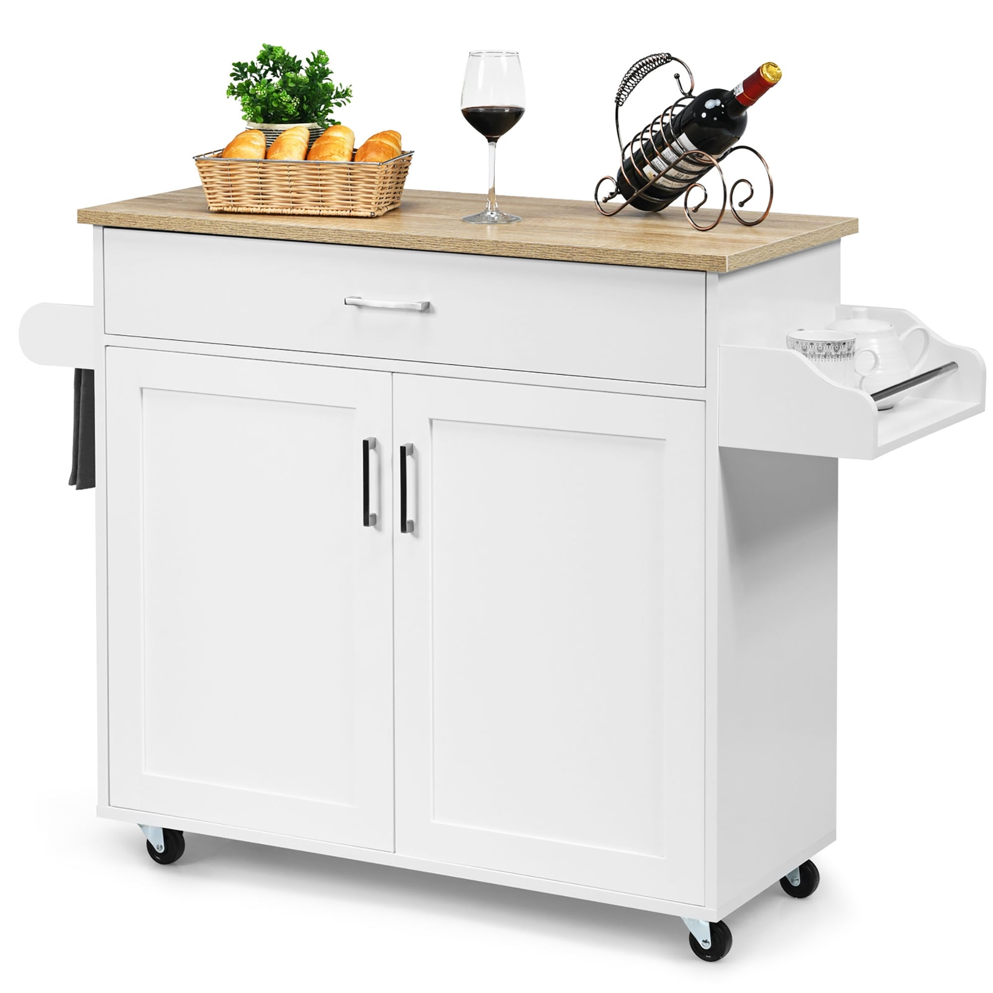 Kitchen Island 2-Door Storage Cabinet with Drawers and Stainless Steel Top  - Costway