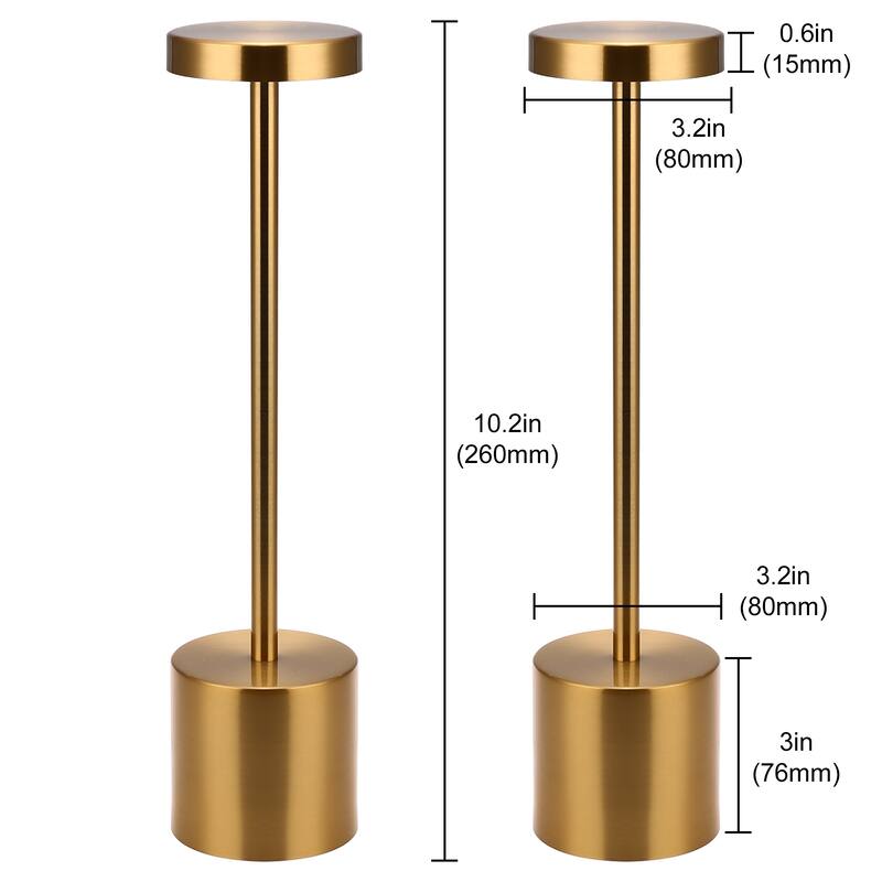 2Pack Cordless Table Lamp, Rechargeable LED Battery 3600mAh Metal USB Portable Powered Desk Lamp, 3 Levels Brightness Light - 10.2 in. - Gold