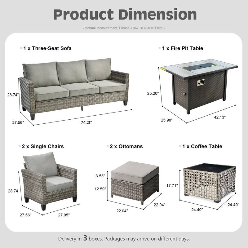 HOOOWOOO 7-piece Patio Furniture Wicker Sofa Conversation Set Fire Pit Table