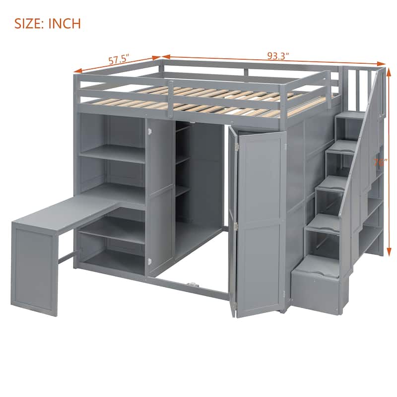 Full Loft Bed with Wardrobe - Space-Saving Design with Desk & Shelves