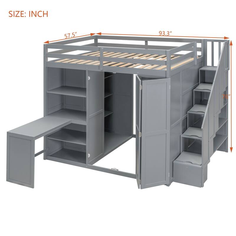 Full Size Loft Bed with Wardrobe & Desk - Space Saving Bed Frame with Built-in Shelves, for Bedroom, Dorm & Small Spaces
