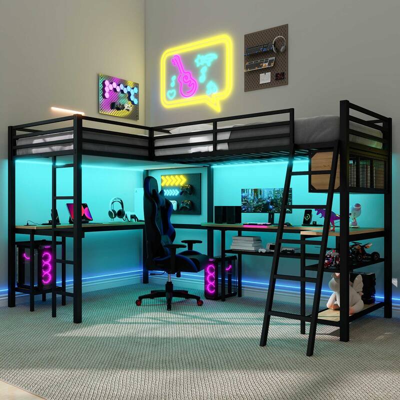 Roomfitters Metal Twin L-Shaped Loft Bed with 2 Desks, LED Lights and Charging Station, Black - Black - Twin