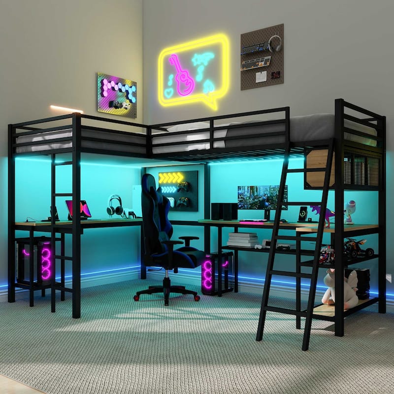 Twin Size L-Shaped Metal Loft Bed with Dual Desks, LED Lighting and Charging Station by Harper&Bright Designs - Black