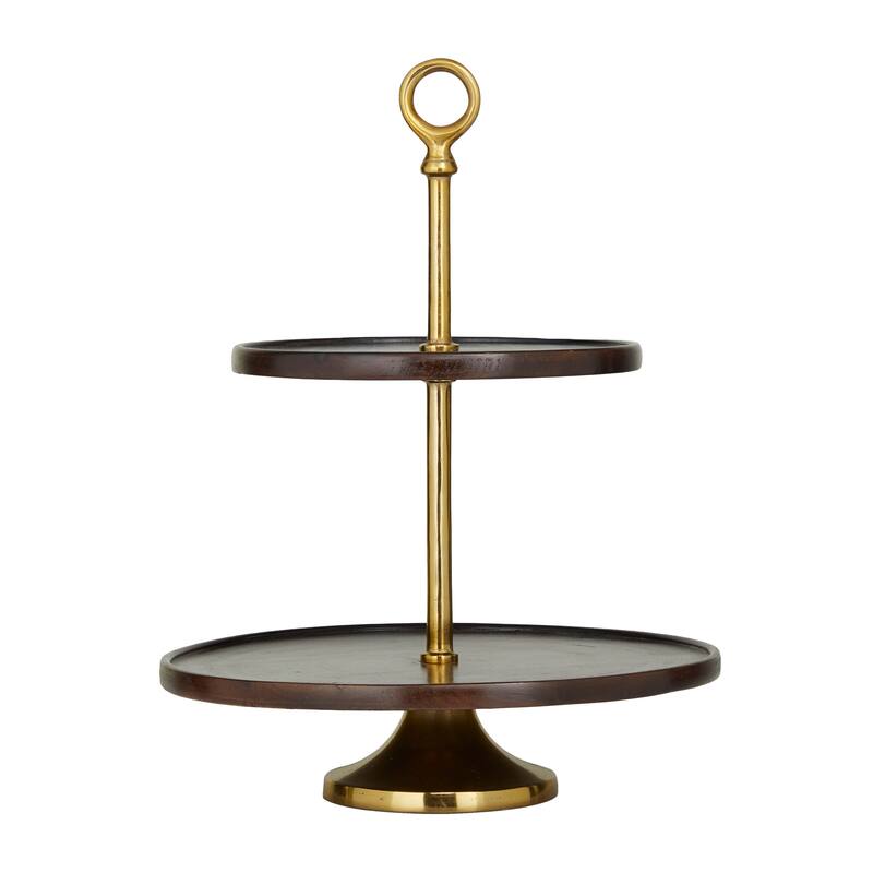 Dark Brown Mango Wood Tiered Server with Aluminum Bases or Gold Stand - 2 Tier or 3 Tier