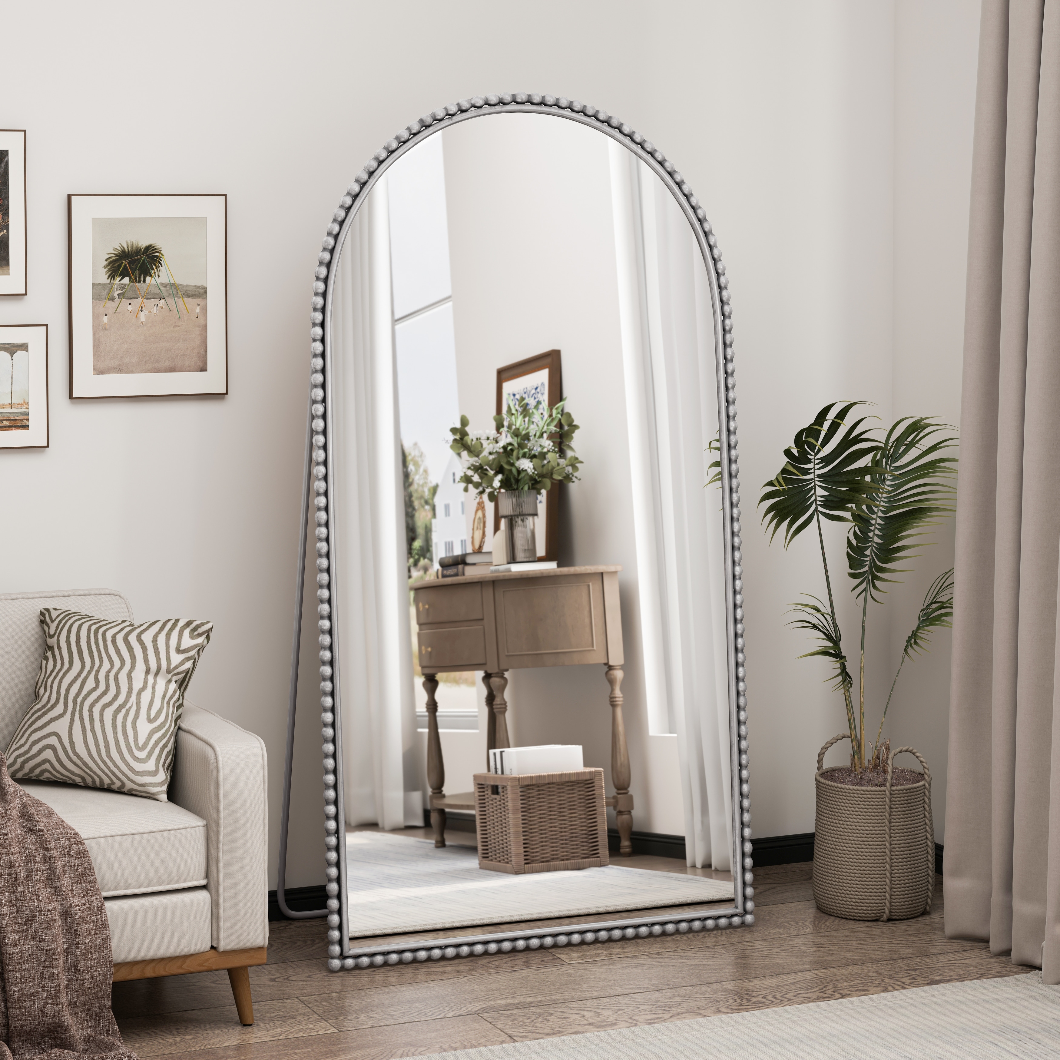 Iron Arch Retro Full Length Mirror with Supporting Feet, For Living Room, Bedroom (Silver)