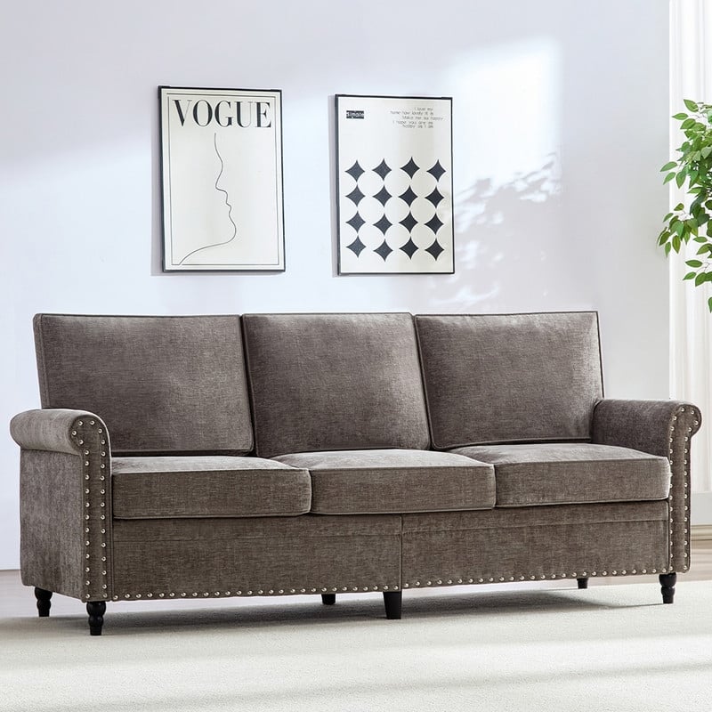 Mixoy Chenille Living Room Sofa,Modern 3-Seater Sofa Couch,Unique Riveted Look - 3-Seater Sofa - LIGHT GREY