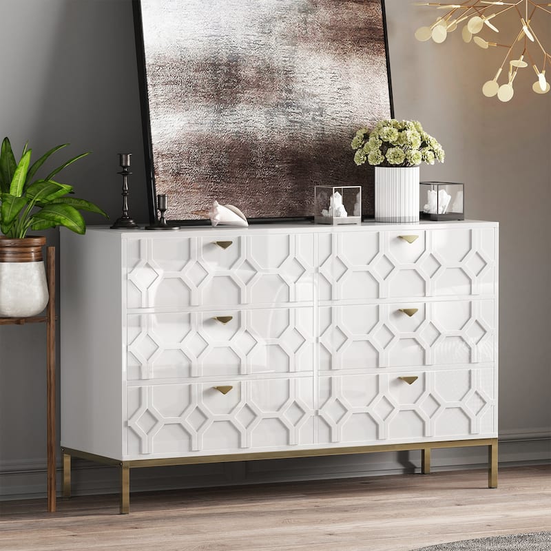 Clihome Wooden Storage 6 Drawer Double Dresser for Bedroom - White