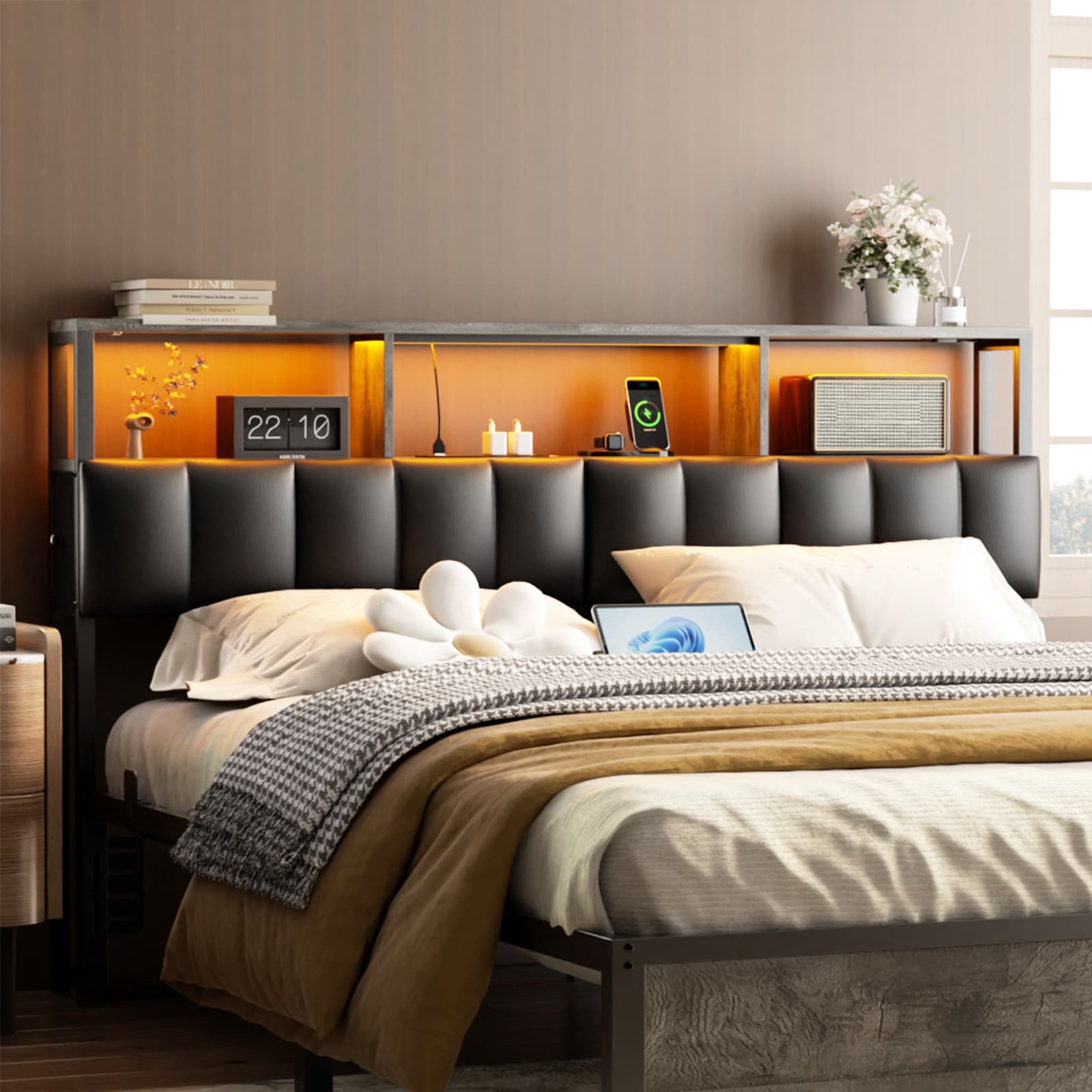 Upholstered Headboard with Hidden Drawer, Head Board with Power Outlet and LED Light for Bed Frame