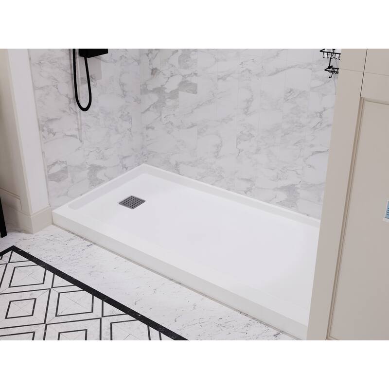 Alexander 60 in. L x 30 in. W Alcove Shower Pan Base with Left Drain in Glossy White Marine Acrylic