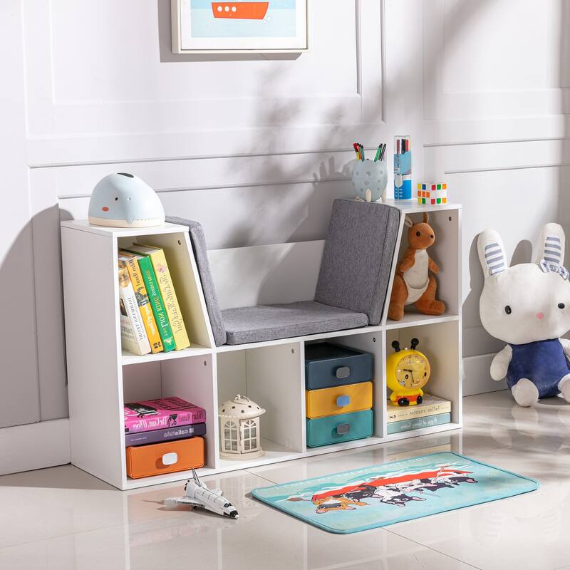 6-Cubby Kids Bookcase with Reading Nook and Cushion, Multi-Purpose Storage Organizer for Bedroom, Living Room, Pure White