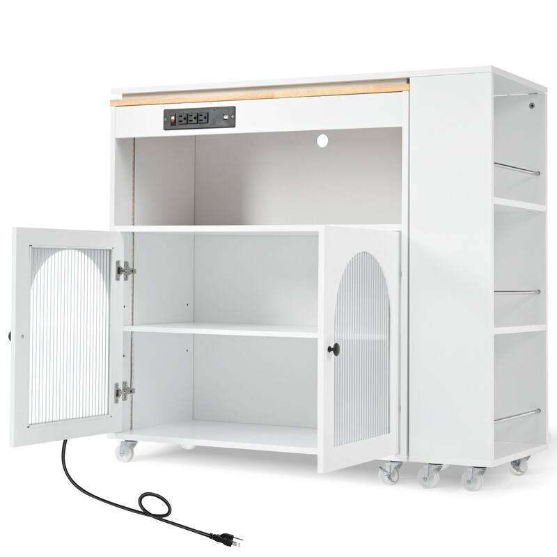 Rolling Kitchen Island with Movable Extended Table on Wheels,LED Lights Power Outlets & Fluted Doors,3 Open Adjustable Shelves