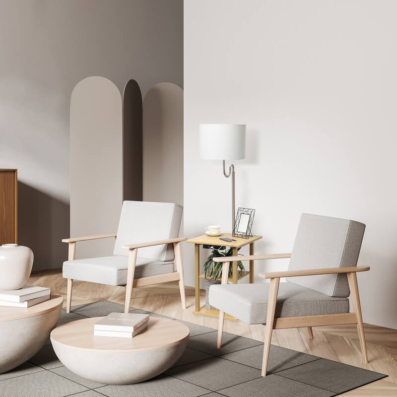 2 Tier End Table Floor Lamp with White Drum Shade - 57" - Tan