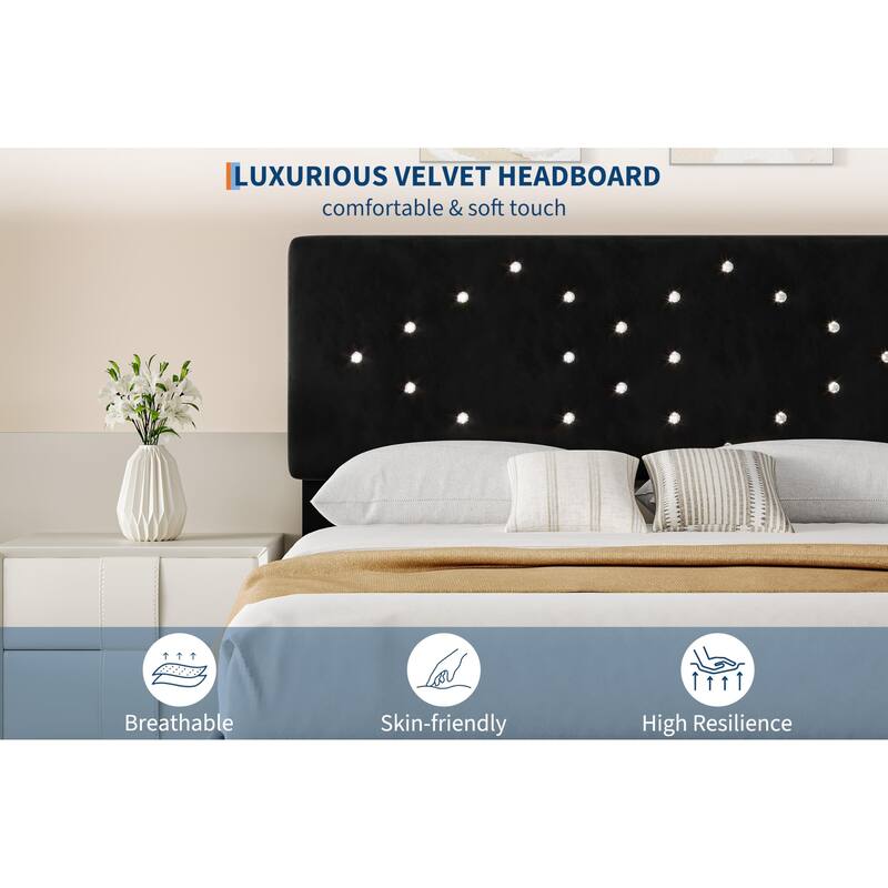 Bed Frames, Velvet Upholstered Bed Frame with Vertical Channel Tufted & Sturdy Wood Slats