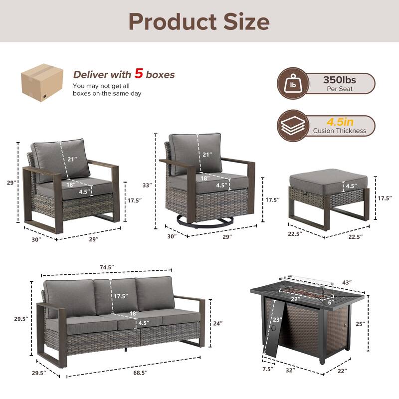 Meyreso Wicker Outdoor Patio Metal Fire Pit Set with Swivel Gliders and Olefin Cushions