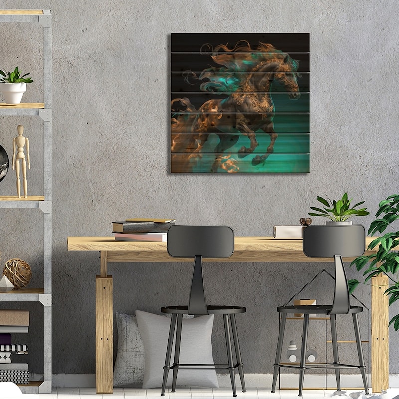 Gold Fire Stallion Print On Wood by Spacescapes - Multi-Color