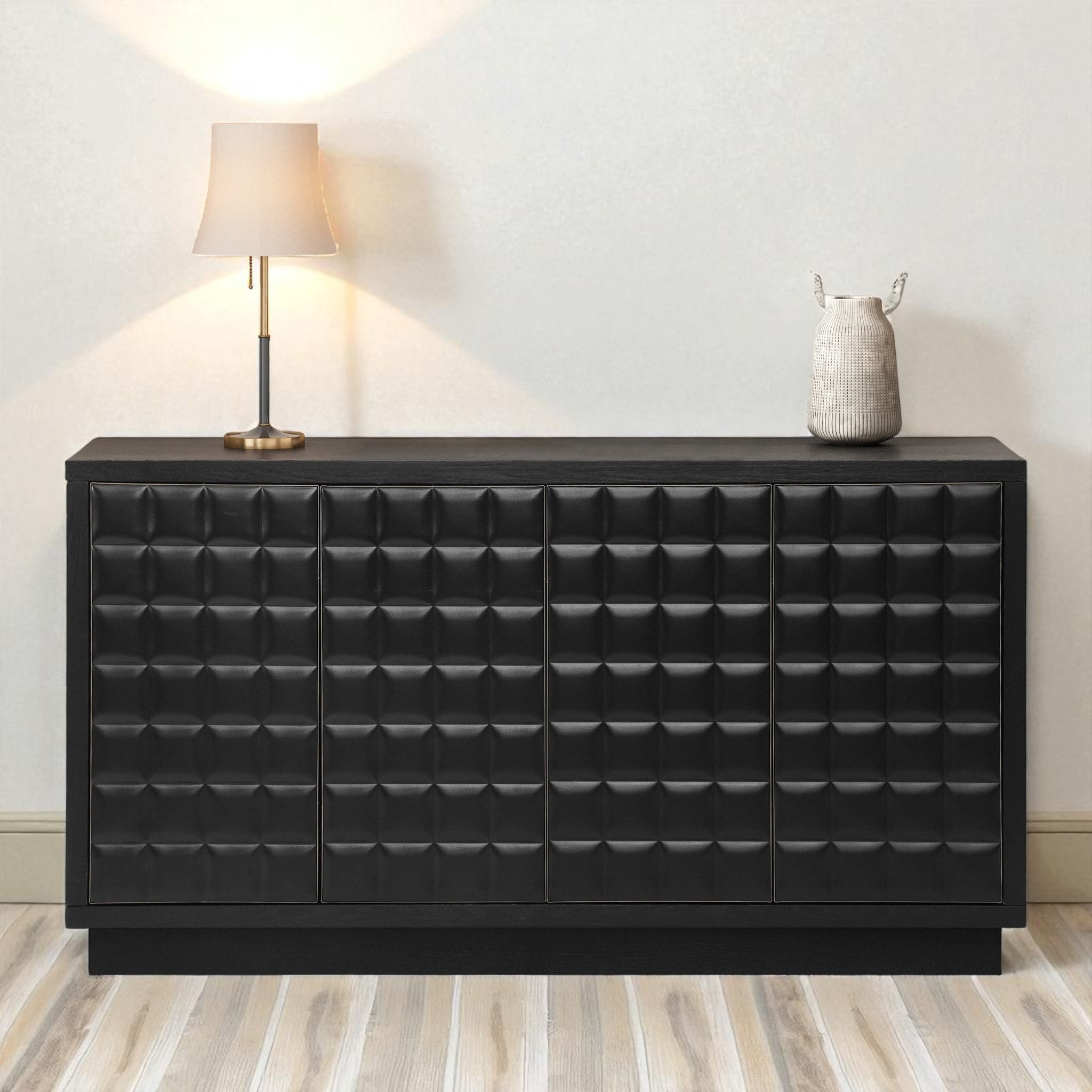 Modern 4-Door Storage Cabinet with 3D Geometric Doors, Wood Veneer & Metal Trim, Adjustable Shelves.