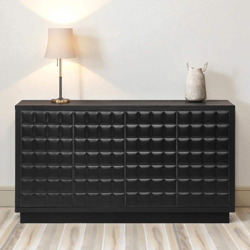 Modern 4-Door Storage Cabinet with 3D Geometric Doors, Wood Veneer & Metal Trim, Adjustable Shelves.