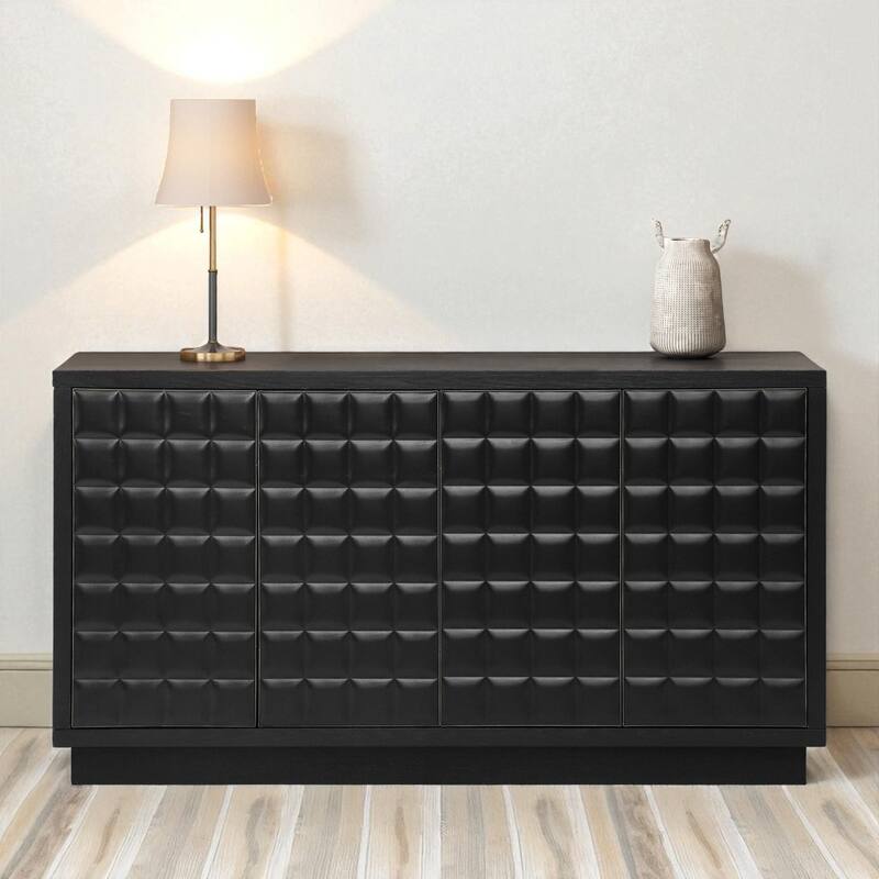 Modern 4-Door Storage Cabinet with 3D Geometric Doors, Wood Veneer & Metal Trim, Adjustable Shelves. - Black