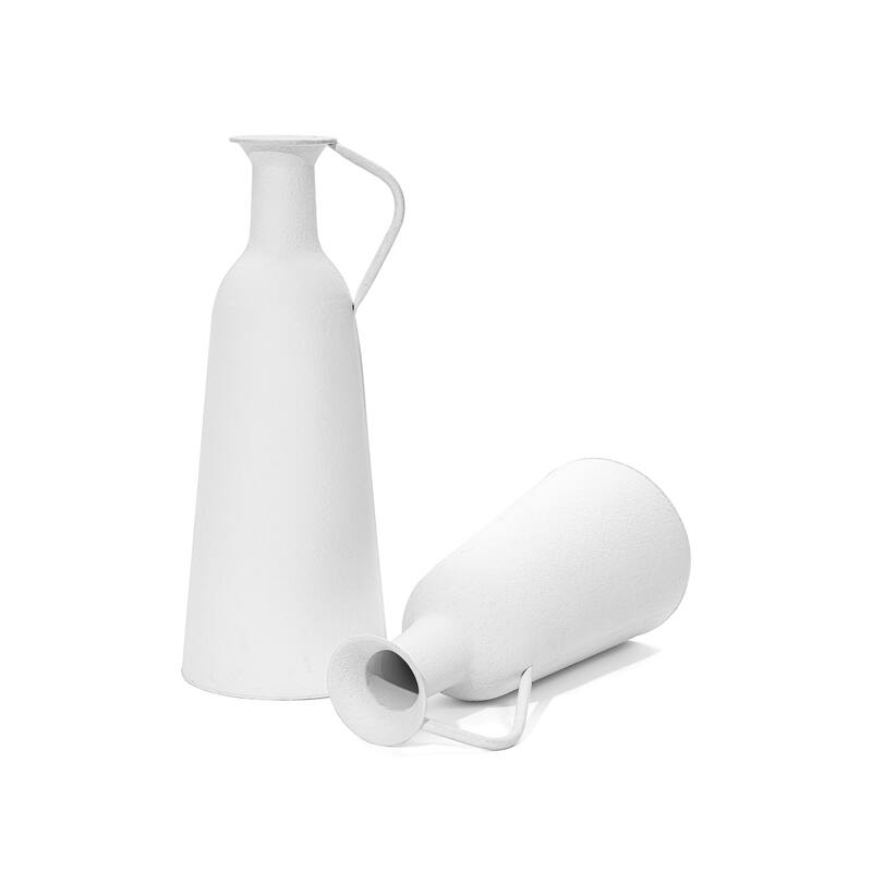 2-Pc White Iron Metal Pitcher Vase Set